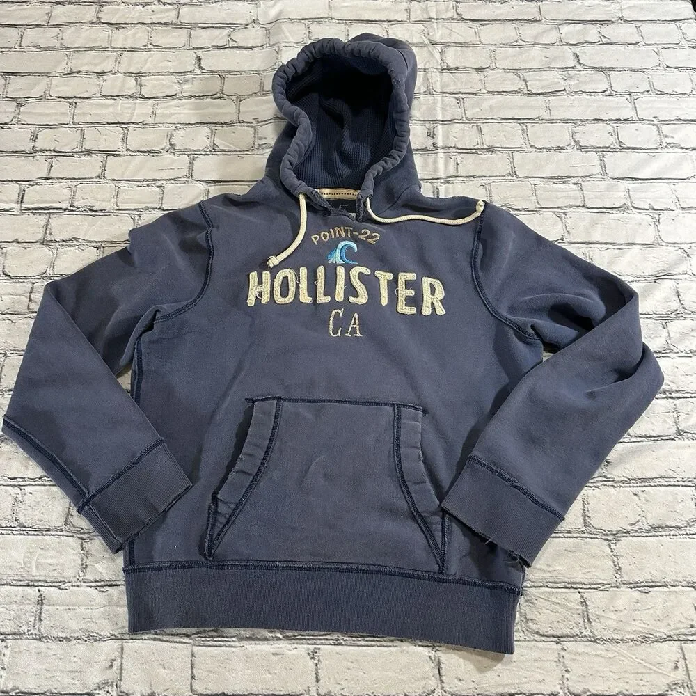 Vintage Hollister Hoodie Mens L Blue Pullover Y2K Faded Distressed